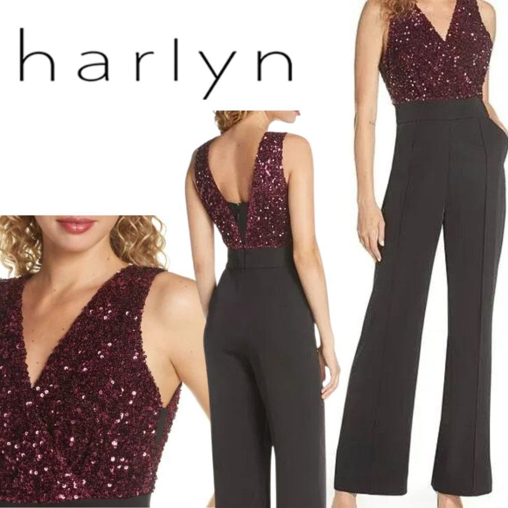 Harlyn, Sequin V-neck Sleeveless Jumpsuit, Plum, Black, Purple, Deep pink